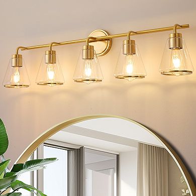 POWLIG 38.5" Modern Vanity Light, 5-Light Dimmable Bathroom Fixture with Clear Cone Glass Shades