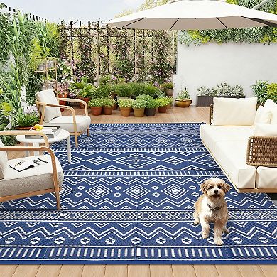 Boho Geometric Outdoor Rug for Patio &Deck Durable Waterproof Reversible Rug for Backyard Picnic