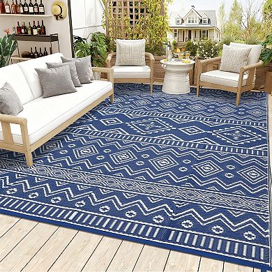 Boho Geometric Outdoor Rug for Patio &Deck Durable Waterproof Reversible Rug for Backyard Picnic