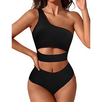 Women's Ribbed Bikini Sets One Shoulder Two Piece Bathing Suit