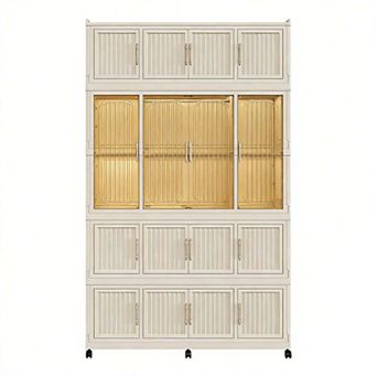 Portable Wardrobe Closet Storage Cabinet with Hanging Rod and Magnetic Doors