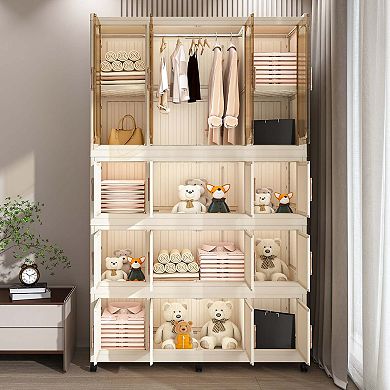 Portable Wardrobe Closet Storage Cabinet with Hanging Rod and Magnetic Doors