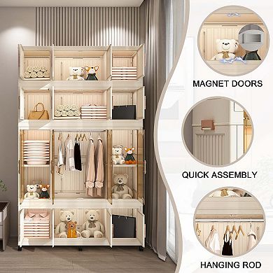 Portable Wardrobe Closet Storage Cabinet with Hanging Rod and Magnetic Doors