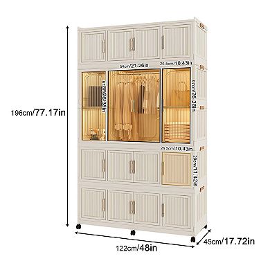 Portable Wardrobe Closet Storage Cabinet with Hanging Rod and Magnetic Doors