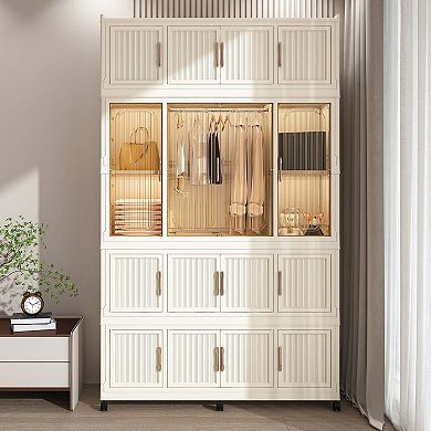 Portable Wardrobe Closet Storage Cabinet with Hanging Rod and Magnetic Doors