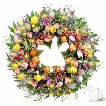 24 Inch Spring Wreath Artificial Tulip with Lights Butterflies Indoor Outdoor Decor