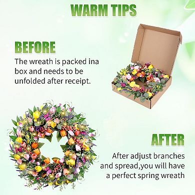 24 Inch Spring Wreath Artificial Tulip with Lights Butterflies Indoor Outdoor Decor