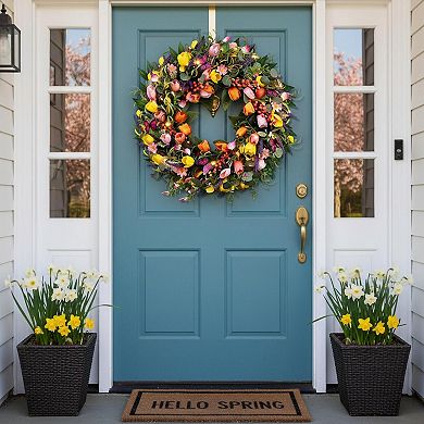 24 Inch Spring Wreath Artificial Tulip with Lights Butterflies Indoor Outdoor Decor
