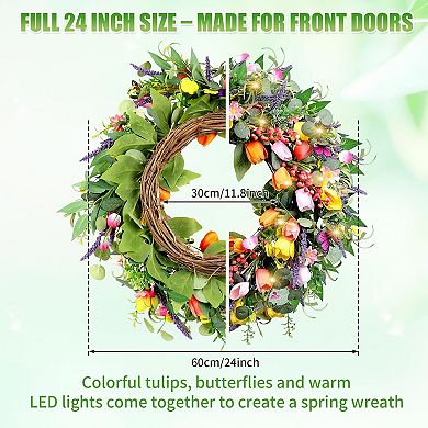 24 Inch Spring Wreath Artificial Tulip with Lights Butterflies Indoor Outdoor Decor