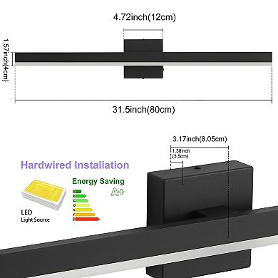 POWLIG Modern Black Dimmable Integrated LED Wall Sconce - 31.5 inch for Hallway, Bathroom, Bedroom