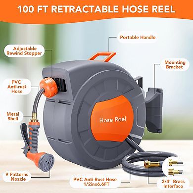 1/2" x 100 ft retractable reel, wall mount, 9 sprays, auto rewind, locks at any length.