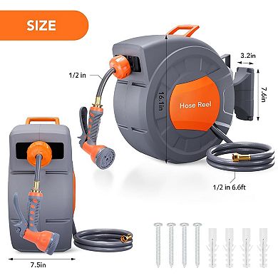 1/2" x 100 ft retractable reel, wall mount, 9 sprays, auto rewind, locks at any length.