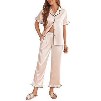 Ekouaer Silk Pajamas for Women Short Sleeve Pajamas Set with Ruffle 2 pc Button Down Tops