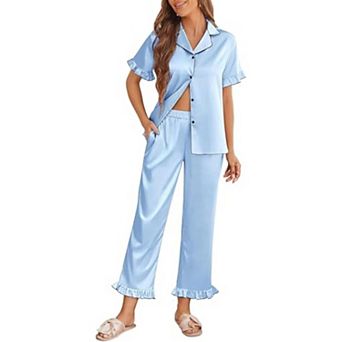 Ekouaer Silk Pajamas for Women Short Sleeve Pajamas Set with Ruffle 2 pc Button Down Tops