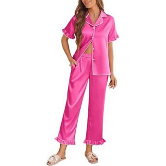 Ekouaer Silk Pajamas for Women Short Sleeve Pajamas Set with Ruffle 2 pc Button Down Tops