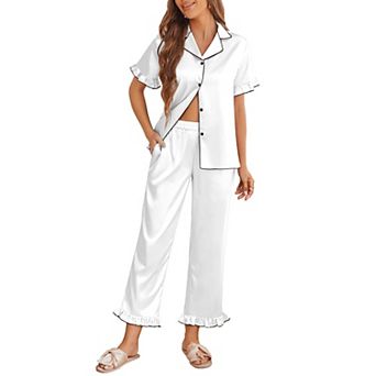 Ekouaer Silk Pajamas for Women Short Sleeve Pajamas Set with Ruffle 2 pc Button Down Tops