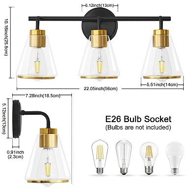 POWLIG 22" Modern Vanity Light, 3-Light Dimmable Bathroom Fixture with Clear Cone Glass Shades