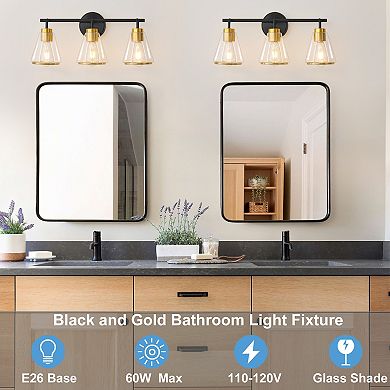 POWLIG 22" Modern Vanity Light, 3-Light Dimmable Bathroom Fixture with Clear Cone Glass Shades