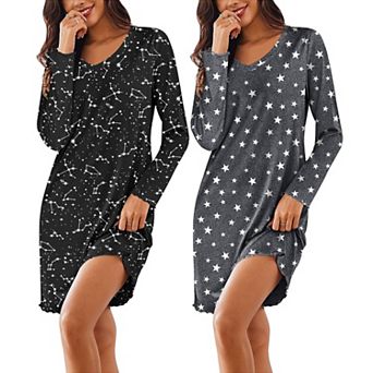 Ekouaer Cotton Nightgowns for Women 2 Pack Night Gown Long Sleeve Sleepshirts V Neck Night Shirt