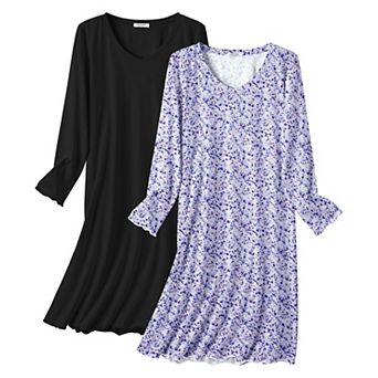 Ekouaer Cotton Nightgowns for Women 2 Pack Night Gown Long Sleeve Sleepshirts V Neck Night Shirt