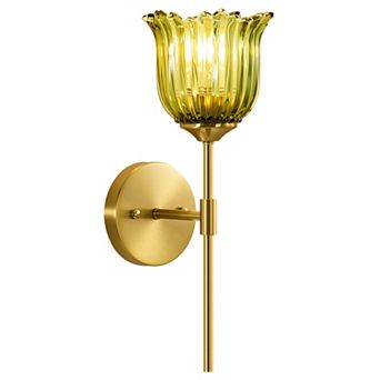 POWLIG Modern Wall Sconce, 1-Light with Floral Glass Shade, 5.7inch, Antique Gold Finish