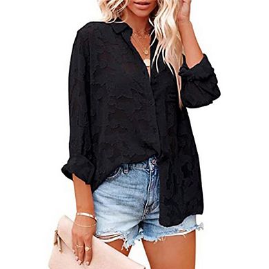 Women Button Long Sleeve Shirt Solid Elegant Floral Print Lace Blouse