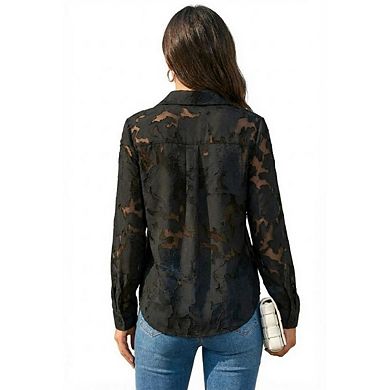 Women Button Long Sleeve Shirt Solid Elegant Floral Print Lace Blouse
