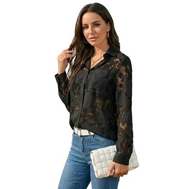 Women Button Long Sleeve Shirt Solid Elegant Floral Print Lace Blouse