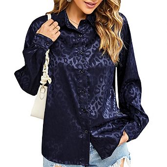 Women's Jacquard Long Sleeve Lapel Collar Satin Button Down Shirt Blouse Printing Elegant Tops