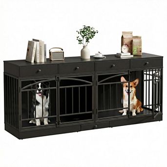 78.7" Double Dog Crate Furniture with Storage and 4 Doors, Dog Kennel Indoor with Feeding Bowls