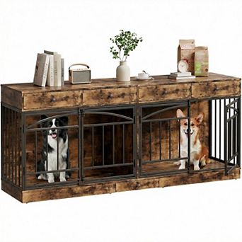 78.7" Double Dog Crate Furniture with Storage and 4 Doors, Dog Kennel Indoor with Feeding Bowls