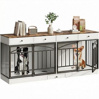 78.7" Double Dog Crate Furniture with Storage and 4 Doors, Dog Kennel Indoor with Feeding Bowls