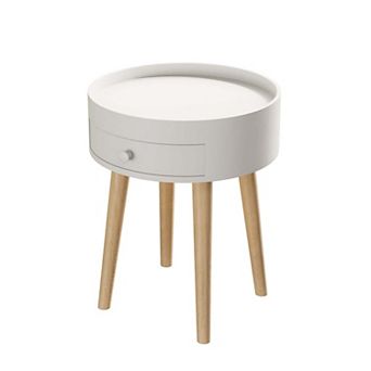 18 Inch White Nightstand with Drawer and Oak Legs Bedside Table Sofa Side Table
