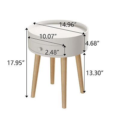 18 Inch White Nightstand with Drawer and Oak Legs Bedside Table Sofa Side Table