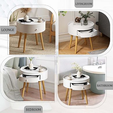 18 Inch White Nightstand with Drawer and Oak Legs Bedside Table Sofa Side Table