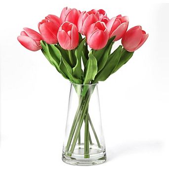 10 Real Touch Tulips in Vase, Red Faux Bouquet