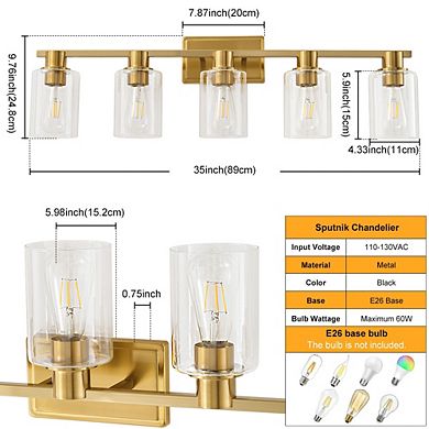 POWLIG 5-Light Dimmable Bathroom Vanity Light 35", Modern Cylinder Glass Shades for Makeup & Mirror
