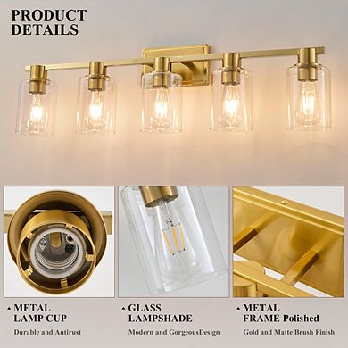 POWLIG 5-Light Dimmable Bathroom Vanity Light 35", Modern Cylinder Glass Shades for Makeup & Mirror