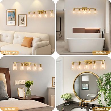 POWLIG 5-Light Dimmable Bathroom Vanity Light 35", Modern Cylinder Glass Shades for Makeup & Mirror