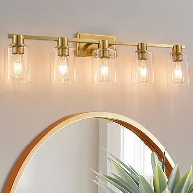 POWLIG 5-Light Dimmable Bathroom Vanity Light 35", Modern Cylinder Glass Shades for Makeup & Mirror