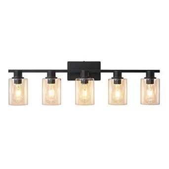 POWLIG 5-Light Dimmable Bathroom Vanity Light 35", Modern Cylinder Glass Shades for Makeup & Mirror