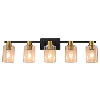 POWLIG 5-Light Dimmable Bathroom Vanity Light 35", Modern Cylinder Glass Shades for Makeup & Mirror