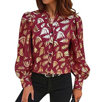 Women's Long Sleeve Button Down Shirts Floral Printing Casual Loose Fit Blouses