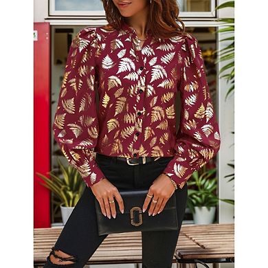 Women's Long Sleeve Button Down Shirts Floral Printing Casual Loose Fit Blouses