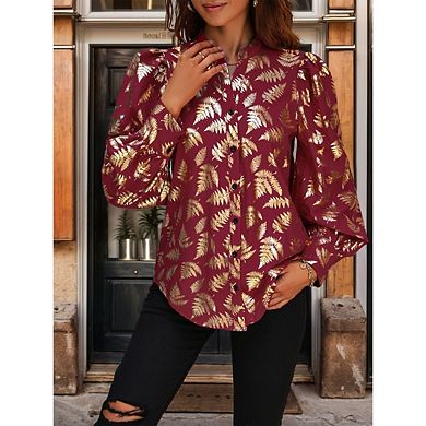 Women's Long Sleeve Button Down Shirts Floral Printing Casual Loose Fit Blouses