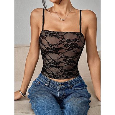 Women's Lace Crop Tops Summer Square Neck Spaghetti Strap Camisole Top Beach Vacation Outfit