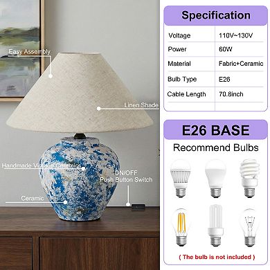 POWLIG Modern Ceramic Table Lamp 15.75",Textured Base with Linen Shade for Bedroom Living Room Decor