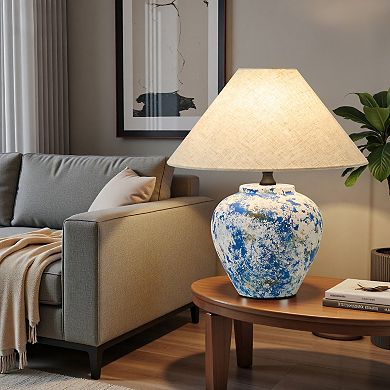 POWLIG Modern Ceramic Table Lamp 15.75",Textured Base with Linen Shade for Bedroom Living Room Decor