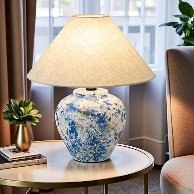 POWLIG Modern Ceramic Table Lamp 15.75",Textured Base with Linen Shade for Bedroom Living Room Decor