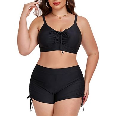 Women Plus Size Drawstring High Waisted Bikini Set Srting Swimsuit